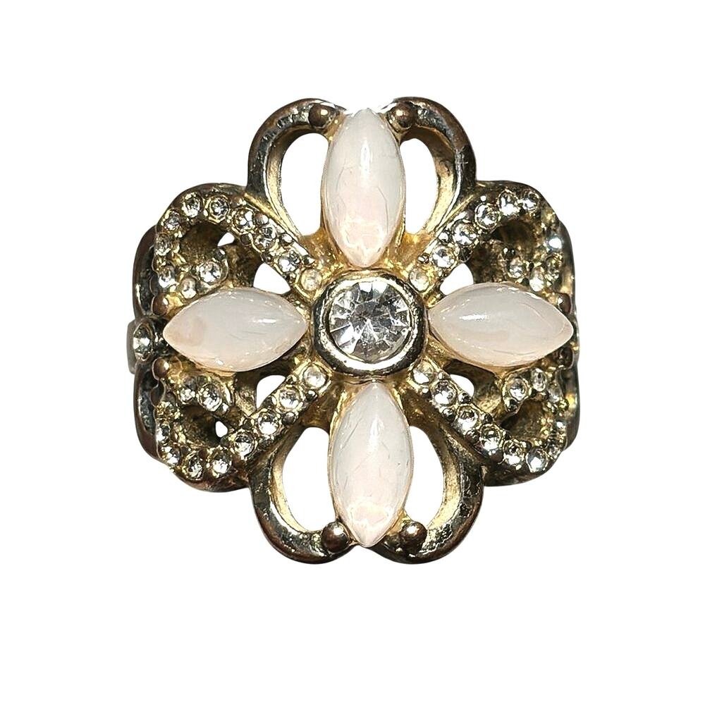 Vintage Gold Tone Floral Rhinestone Ring Size 8 White Acrylic Statement Ring